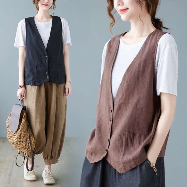 

art linen vest short sleeveless casual loose womens jacket, Black;white