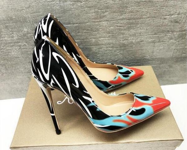 

spring autumn new women pumps green printing flowers shoes pointed toe thin high heel party wedding shoes females9526978, Black