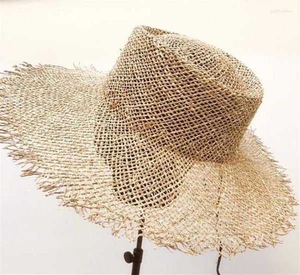 

wide brim hats sun seagrass big eaves beach holiday female hat fashion wild raw edge concave green natural straw eger223009927, Blue;gray