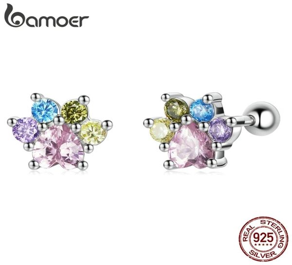 

genuine 925 sterling silver colorful zirconium paw women ear studs rainbow stud earrings for girl fine jewelry gift 2202221425541, Golden;silver