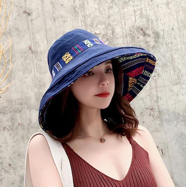 

cokk women summer hat floppy fisherman cap double sided sun hat female wide large brim bohemia sunhat beach hat cap vacation new 23358121, Blue;gray