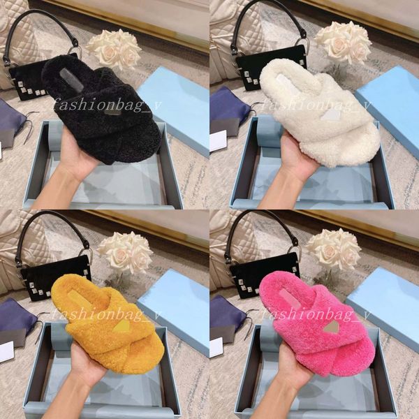 

designer wool slippers women luxurious flat bottomed lamb wool slide cross over winter warm slippers soft fur fluffy shoes indoor warmth fas, Black