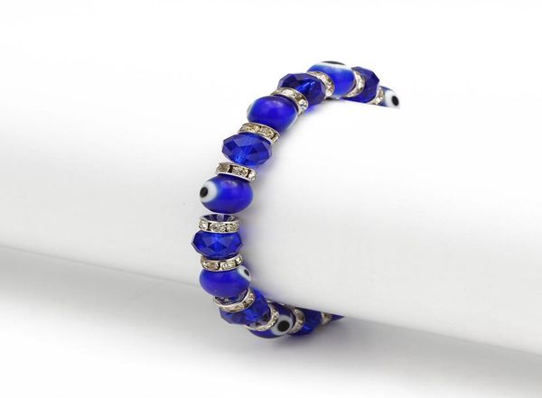 

20pcslot fashion blue turkish evil eye charm bracelets glass crystal beads bracelet for women girls elastic handmade jewelry1732588, Golden;silver