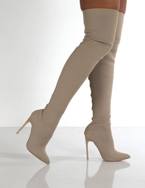

women autumn over the knee boots stiletto high heel slip on elastic knitted tube shoes beige black retro bota feminina for girls party shoes
