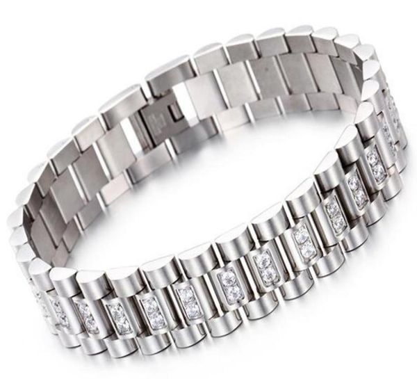 

watch band style 15mm width 316l stainless steel luxury mens wristband link bracelet with prong setting cz stones8811488, Golden;silver