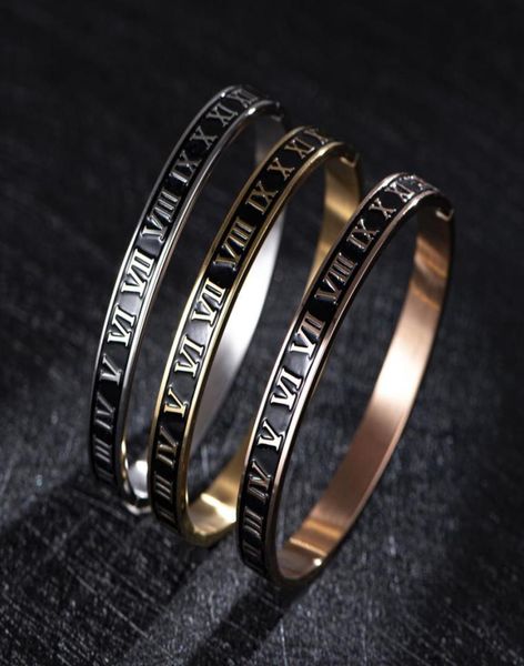 

new design cuff bracelet bangle stainless steel enamel carving roman numeral couple for men women jewelry6195755, Black