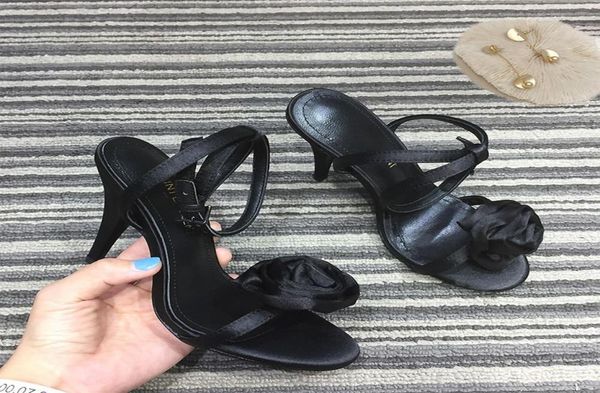 

women039s opentoed leather sandals stiletto silk face rose flower high heels size3540black2790570, Black