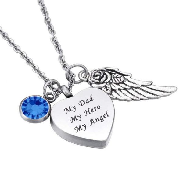 

stainless steel cremation my dad my hero my angel heart memorial birthstone pendant ashes urn necklace customized name engraved5197244766, Silver