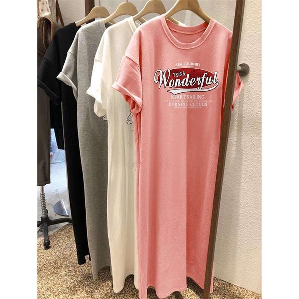 

summer casual korean version loose fitting 200 catty women's thick mm lazy style mid length over knee t-shirt fashion dress, White