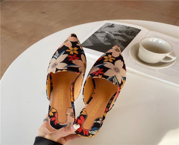 

slippers fashion women pointed toe slip on mule shoes block low heels sandals slides flower pattern casual flip flops4003703, Black