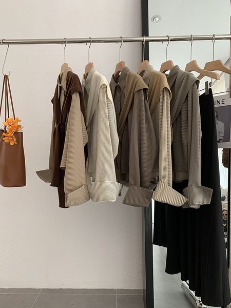 

oumarai 2023 autumn new korean style loose vertical stripes lapel single breasted shirt with shawl for women 5575, White