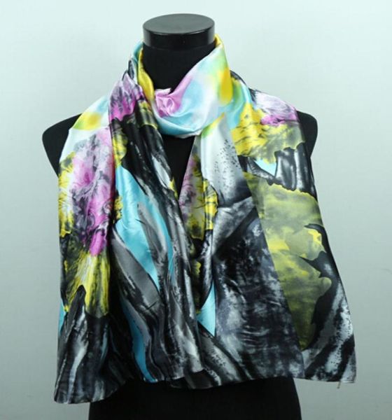 

1pcs pink lily flower dark grey scarves women039s fashion satin oil painting shawl beach silk scarf 160x50cm8917449, Blue;gray
