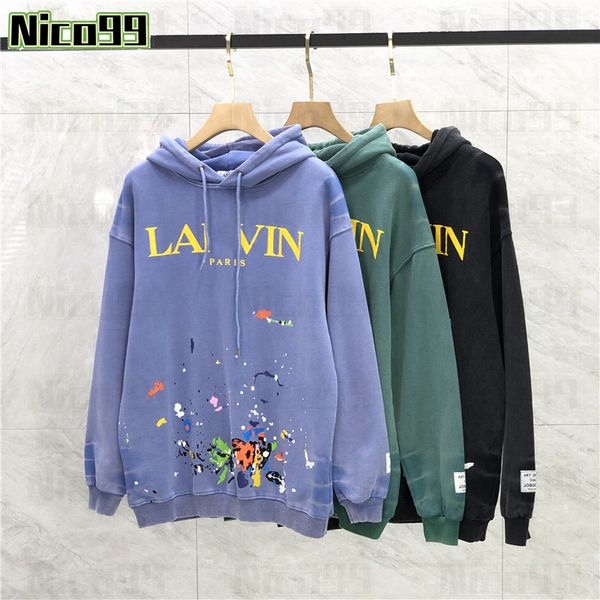 

23ss gallerys dpts splash ink graffiti letter print pattern cotton versatile men and women loose hooded sweatshirt, Black