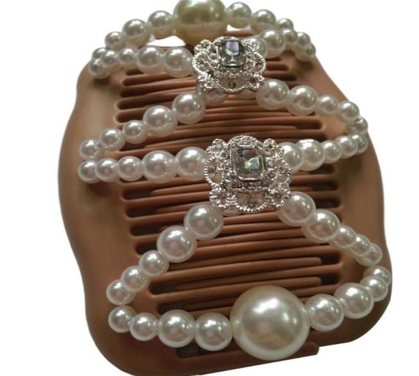 

women magic double hair comb imitation wood pearl clip stretchy hairpin bead diy c6ud5459503, Golden;white