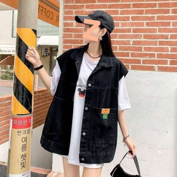 

fashion cowboy vest womens spring and autumn loose wild large scale sleeveless jacket, Black;white