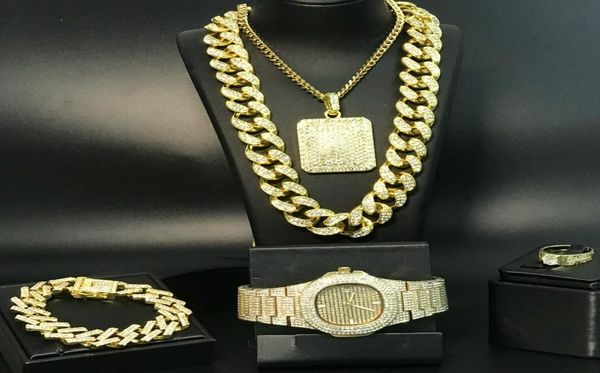 

luxury gold silver color watch pendant bracelet ring combo set ice out cuban necklace chain hip hop for men c09242635064, Golden;white