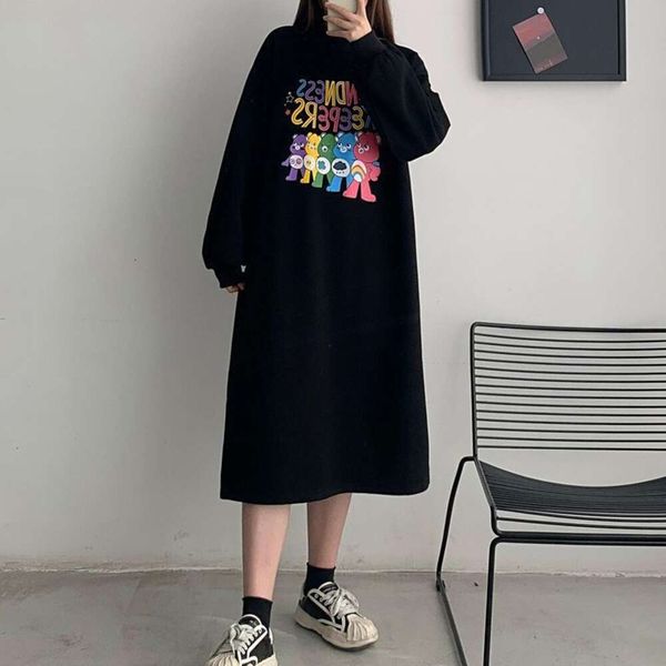 

korean casual sweater dress women's autumn and winter long slit cartoon print black loose fitting plush sweater dress, White