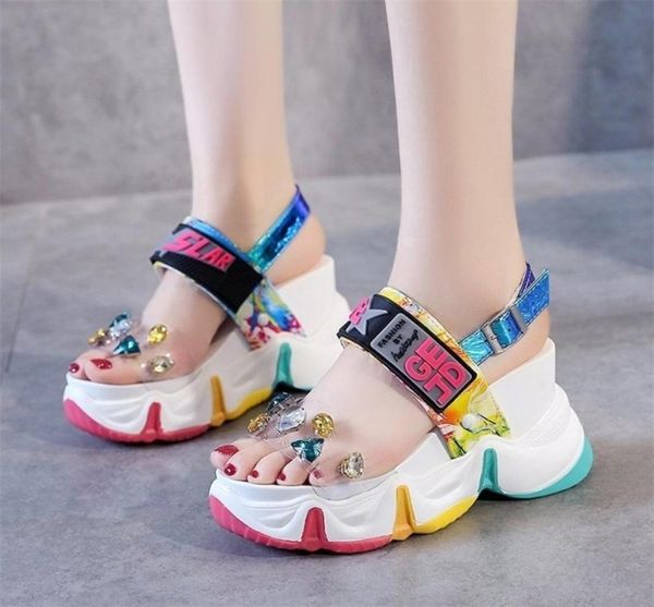 

lucyever new women summer wedge sandals transparent pvc crystal chunky platform shoes woman rainbow thick bottom sandalias 2103246814771, Black