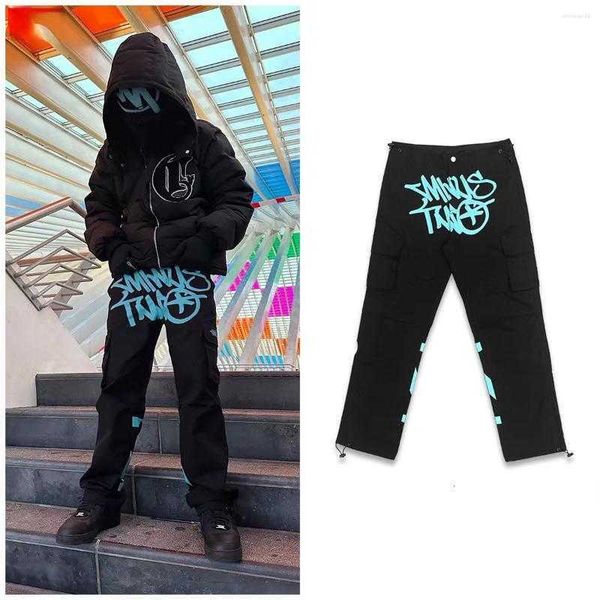 

men's minustwo cargo pants minus harajuku casual loose punk rock straight wide leg two trouser streetwear y2k retro street trend overal, Black