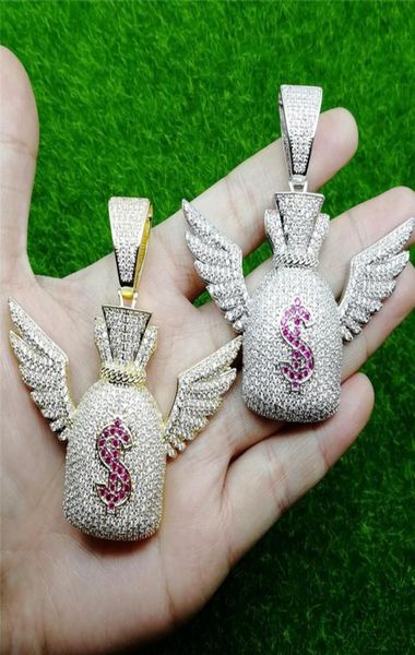 

hip hop iced out zircon dollar symbol purse wing pendant necklace gold silver bling chains jewelry men2439272