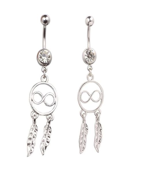 

lucky 8 dream catcher feather rhinestone piercing belly button navel ring barbell piercing indiano8930224, Silver