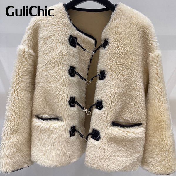 

women's fur faux 9 4 gulichic women high street temperament crew neck long sleeve lobster clasp decoration casual real coat 230908, Black