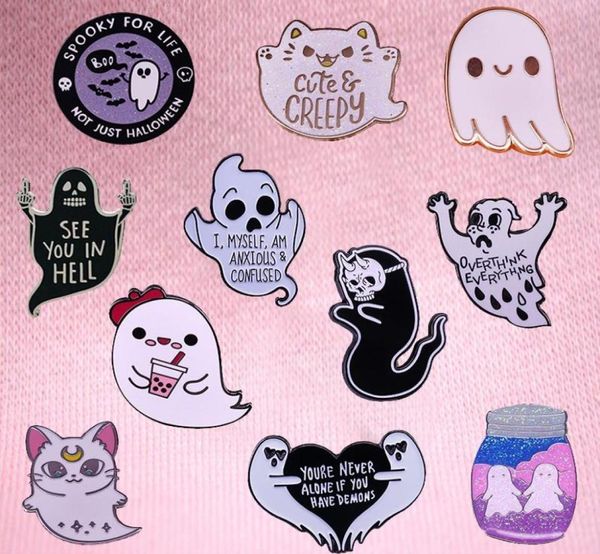 

pins brooches cute black white ghost enamel pin collection halloween creepy scary spooky boba cat ghosts boo brooch horror gothic52544116, Gray