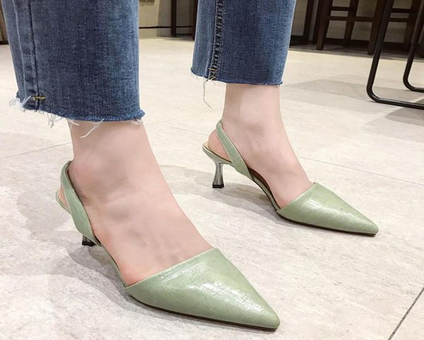 

slippers high heel slingback sandals women pointed toe pumps summer fashion closed office shoes beige yellow green1569810, Black