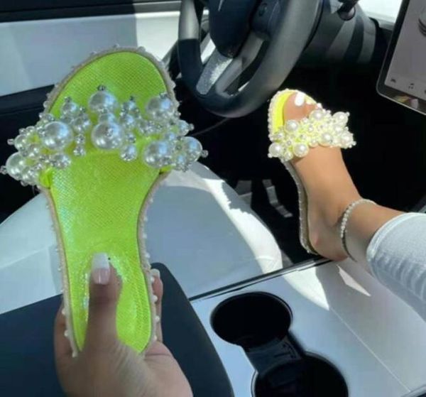 

2021 new women pearl beach shoes flat woman sandals bead summer woman shoes lady fashion slippers y09295860467, Black