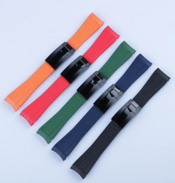 

20mm curved end watch band and black polished clasp silicone black navy green orange red rubber watchband for rol strap sub gmt da6782261, Black;brown
