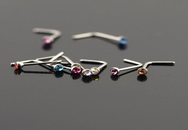

women stainless steel nose studs rings l shaped stainless steel crystal nose septum piercing body jewelry 20g9767551, Silver