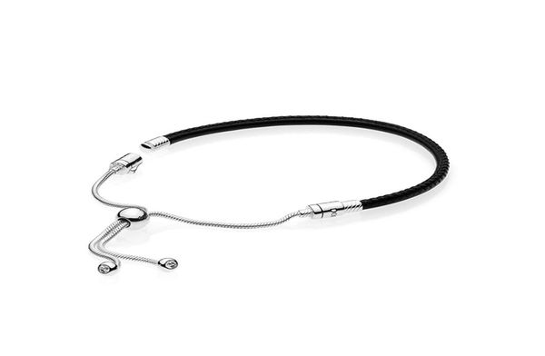 

new fashion women sliding black leather bracelet original box for 925 sterling silver adjustable size bracelets7090703, Golden;silver