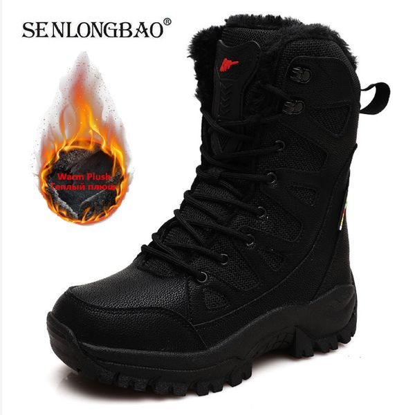 

boots winter warm plush fur snow boots waterproof leather men's boots outdoor non-slip work boots combat desert boots motorcycle boots, Black