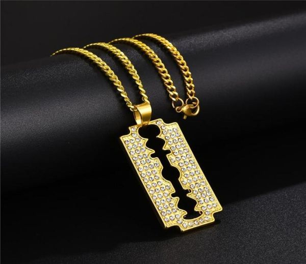 

fashion men blade pendant necklace hip hop jewelry full rhinestone iced out design 18k gold plated 60cm long chain punk necklaces 8039125, Silver