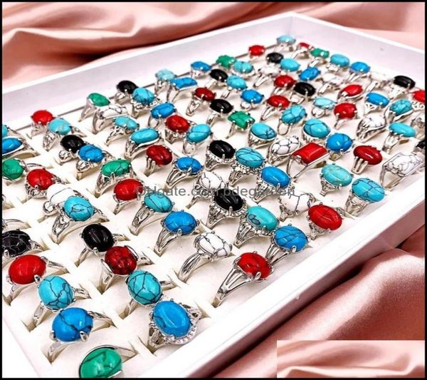 

band rings jewelry fashion 30 pcslot patterned turquoise gem pinestone bohemian style mixed siery lovers women and men retro wedd7920068, Silver