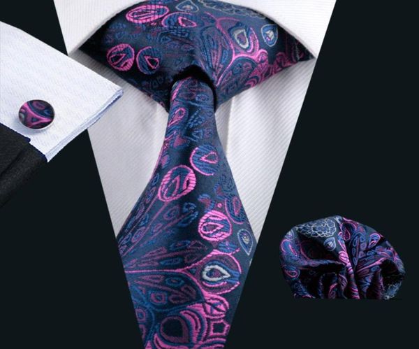 

business blue pink floral silk tie hanky cufflinks mens set jacquard woven classic 85cm width formal party work n04838832930, Black;blue