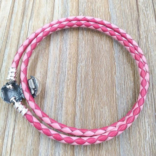 

moments double woven leather bracelet - pink mix authentic 925 silver fits european style jewelry charms beads handmade andy jewel 590747cpm, Golden;silver