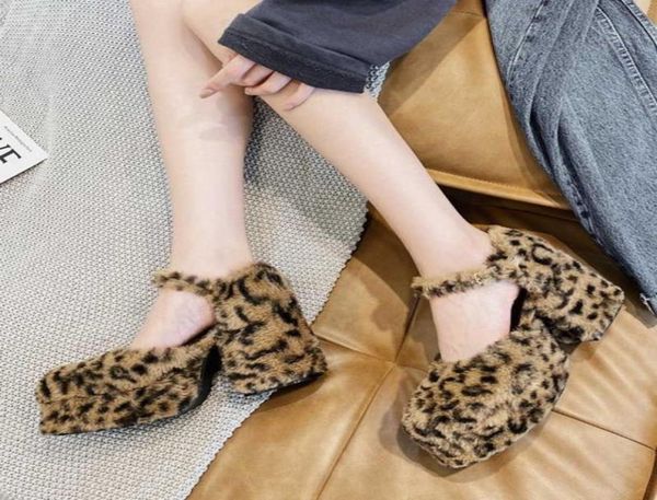 

womens round toe leopard furry fur mixed colors platform pumps block high heel ankle belt buckle retro shoes lolita cosplay y5604475, Black