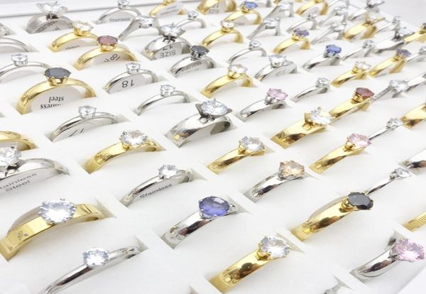 

whole 50 pieces womens stainless steel band rings silver golden plated zircon stone shining fashion jewelry engagement wedding8883947