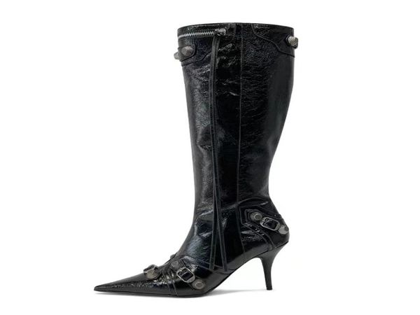 

boots boots cagole belt buckle decoration knee high boots women039s leather side zipper pointed fashion luxury designer fa6866632, Black