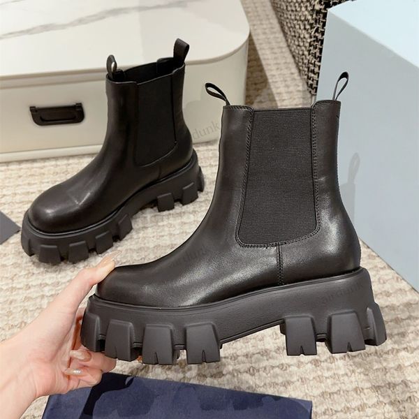 

new monolith polish leather ankle boots platform wedges slip-on round toe block heels flat booties luxury designer for women factory footwea, Black