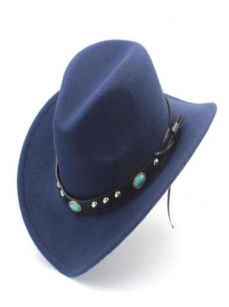 

berets women men wool hollow western cowboy hat rollup wide brim felt cowgirl jazz godfather sombrero cap size 5658cm punk leath9946102, Blue;gray