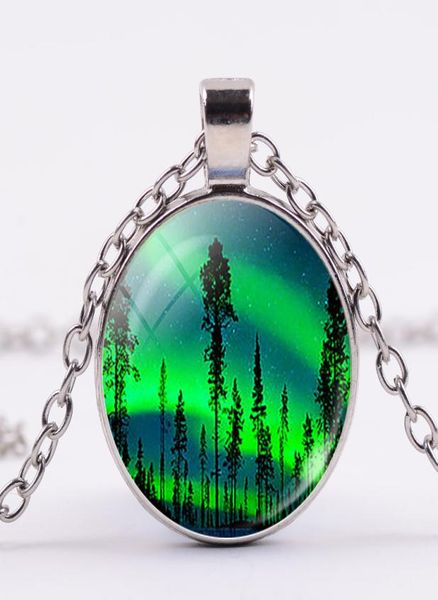 

green northern lights necklace aurora borealis charm scenery glass pendant galaxy universe hand craft art trendy jewelry9964716, Silver