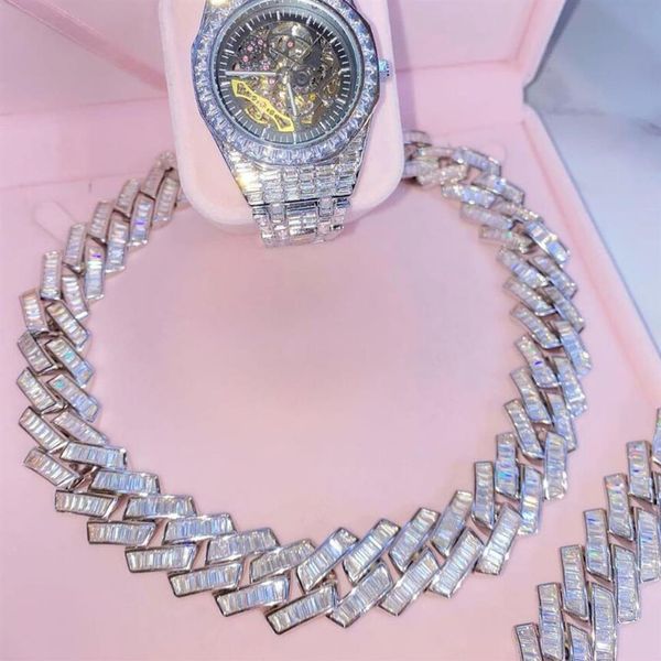 

luxury 18mm baguette cuban link chan necklace iced out bracelets 14k white gold icy cubic zirconia hiphop jewelry176d, Silver