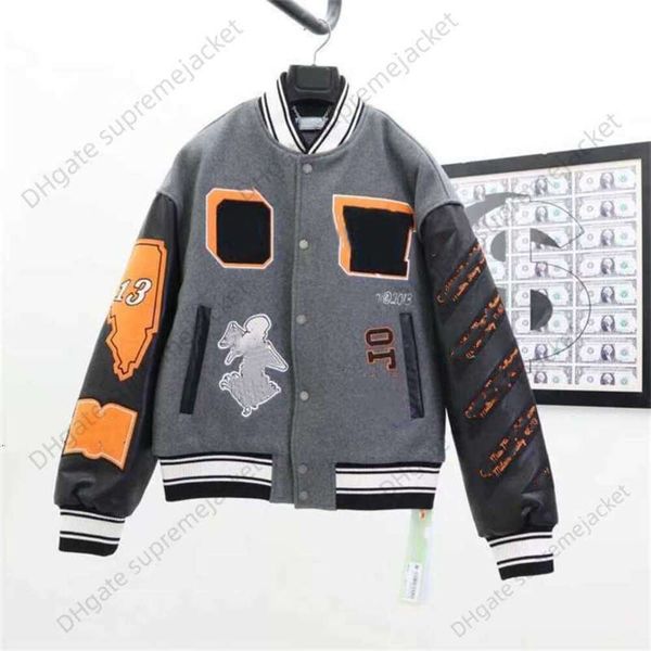 

wholesale men's jacket off brand white coat 2023 fashion new heavy industry embroidered applique wool baseball uniform ow patchwork lea, Black;brown