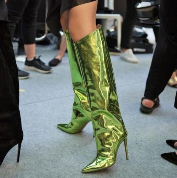 

drop brand women fashion solid gold black green color zip side pointed toe 110 mm thin heels knee high long boots lady2877026