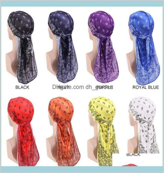 

premium men durag paisley design printing durags long straps head scarf waves do doo du rag turban 84rng beanieskull caps6480080, Blue;gray