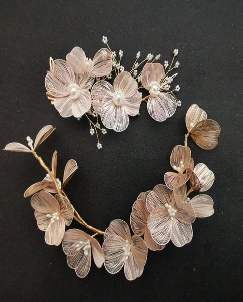 

slbridal handmade baroque copper flower pearls wedding hair accessories bridal headband hair clip barrettes set women jewelry j0115722082, Slivery;golden