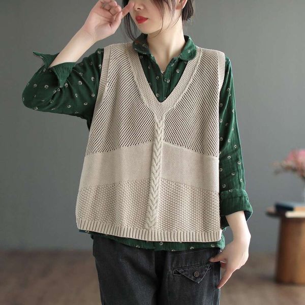 

spring v neck hollow womens vest artistic retro korean cotton loose knitted sleeveless, Black;white