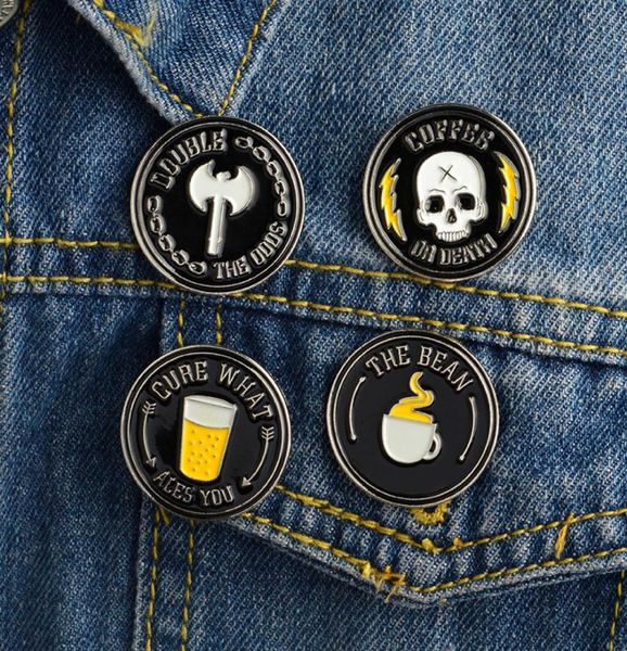 

round letter skull cowboy brooches pins coffee beer skeleton collar pin women men enamel alloy circle anti light buckle badge jewe5251738, Gray